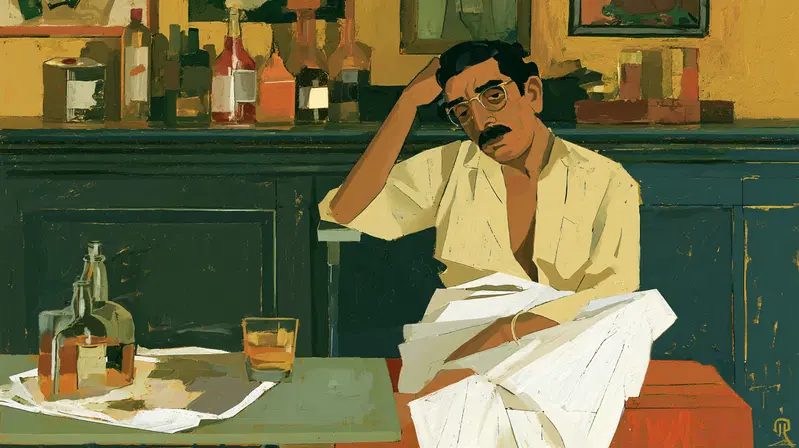 Contemplative man in glasses seated in bar setting with bottles