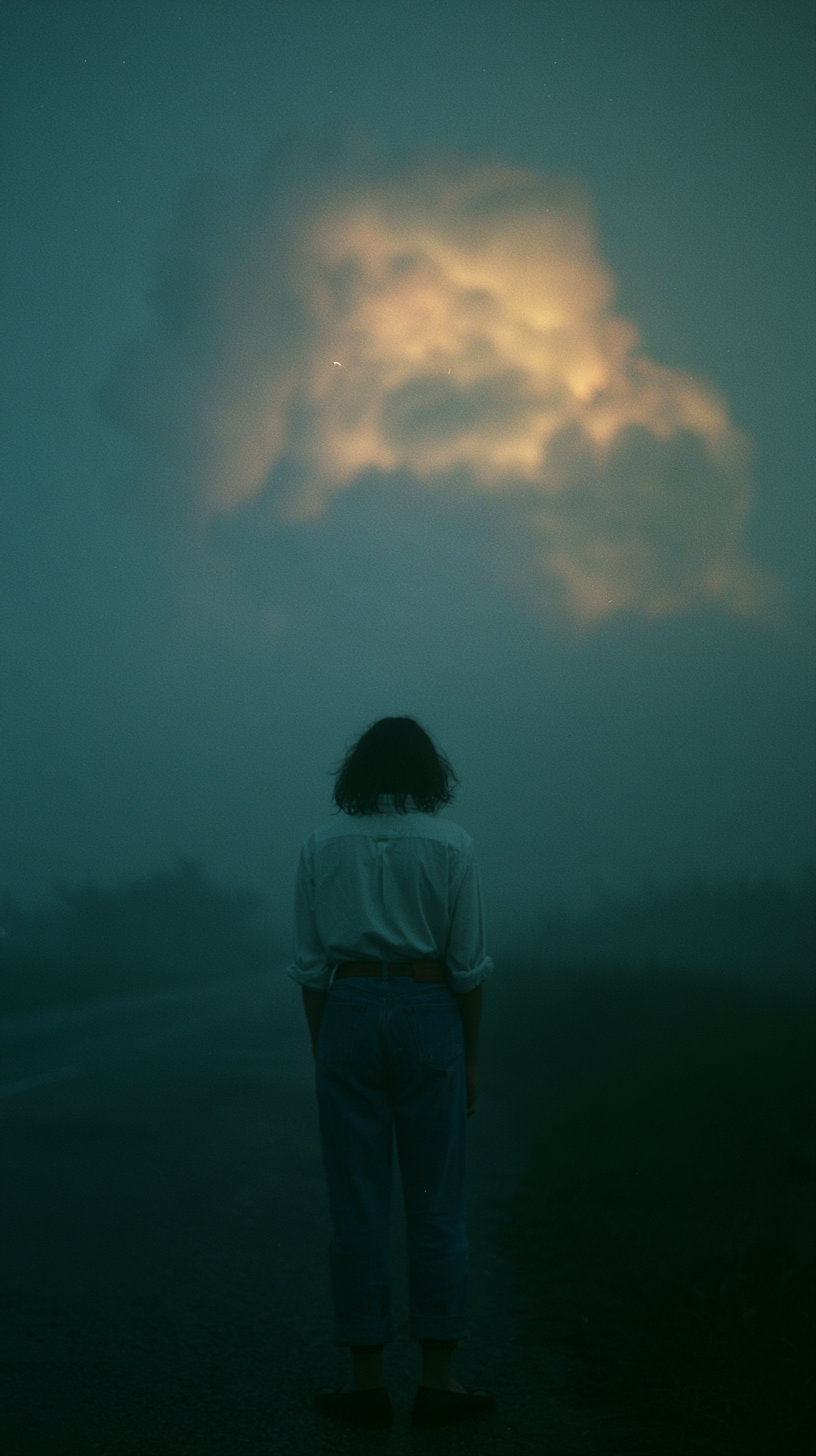 A person with shoulder-length dark hair, wearing a white shirt and blue jeans, stands on a foggy road at night facing away from the camera. A large glowing cloud illuminates the sky in front of them, casting a mystical light.