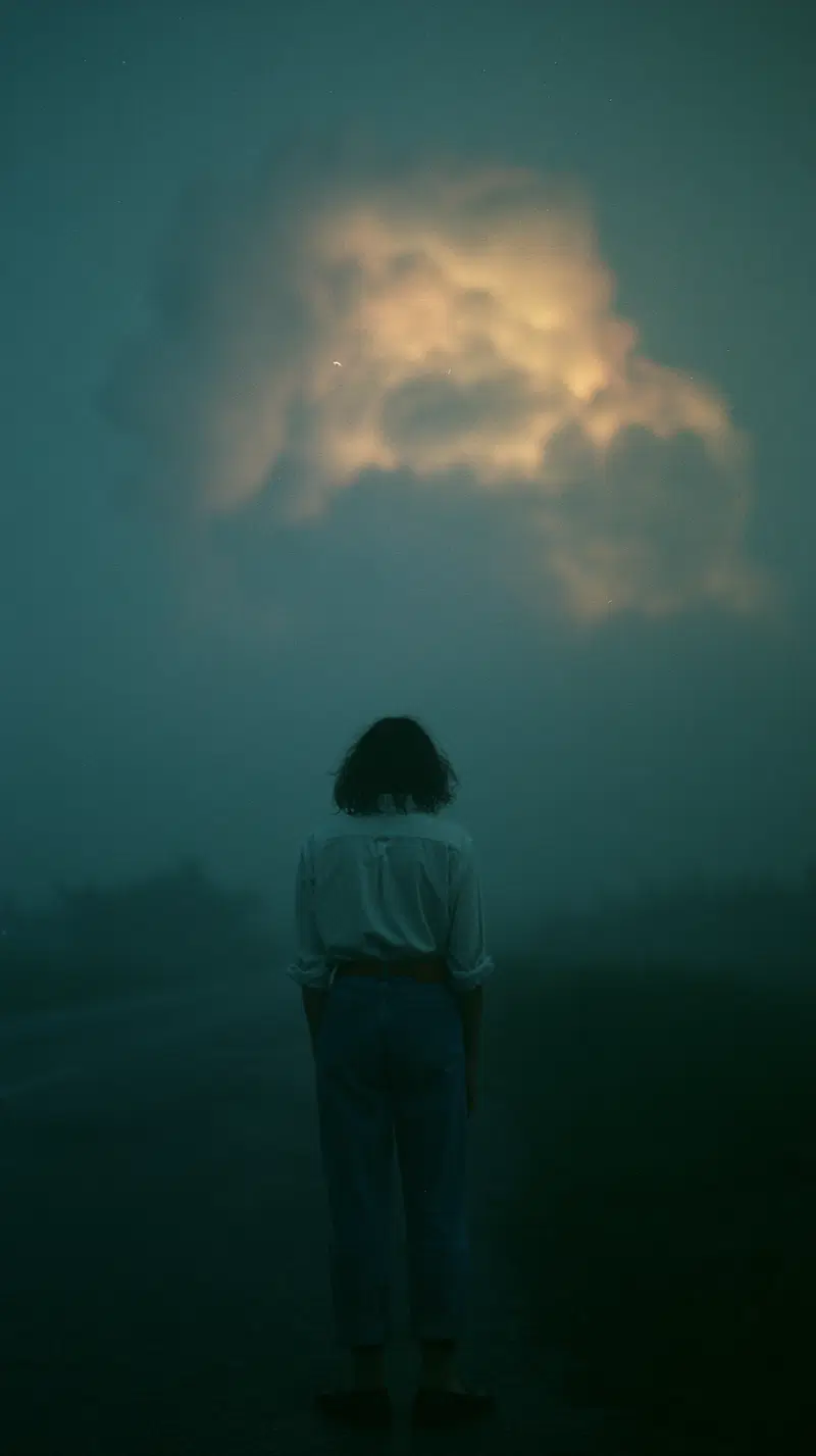 Person standing on a foggy road illuminated by a glowing cloud at night