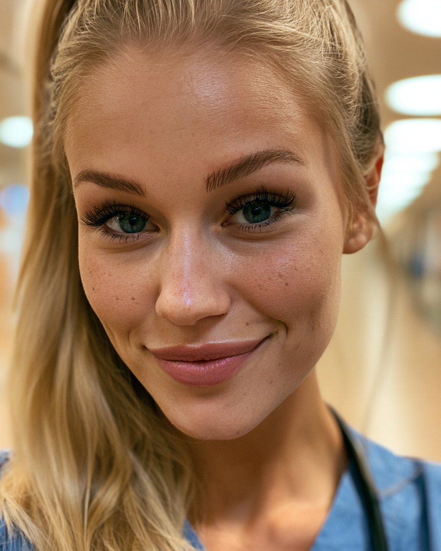 A smiling young woman with blonde hair pulled back wearing a blue top, with detailed facial features and a soft background indoors.