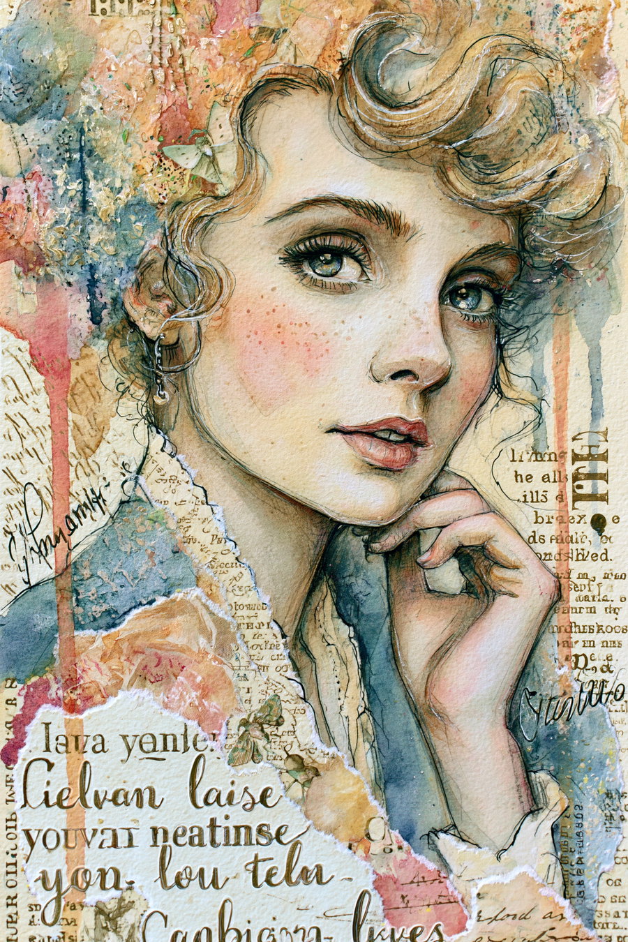 A watercolor and ink mixed media portrait depicting a young woman with curly hair and green eyes, soft pastel colors, layered torn paper with script, and delicate details on her face and hand.