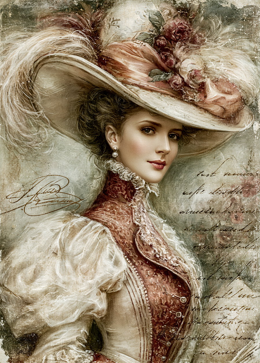 Portrait of a woman wearing a large, elaborate hat adorned with feathers and flowers, dressed in a Victorian style outfit with puffed sleeves and a high collar, set against a textured background with cursive script.