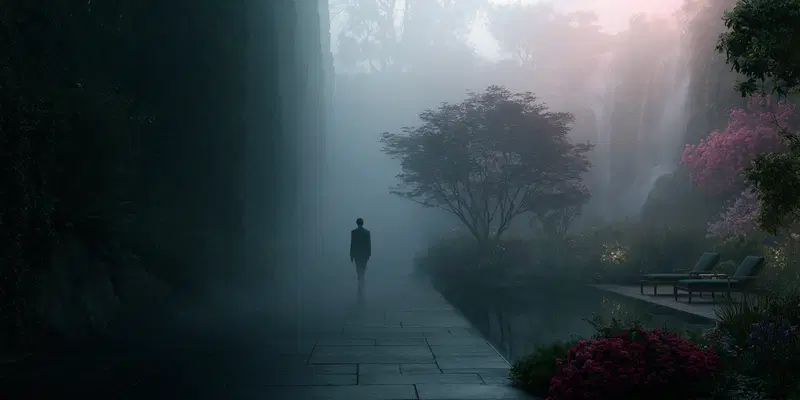 Misty secret garden pathway with flowering plants and pool chairs at dusk