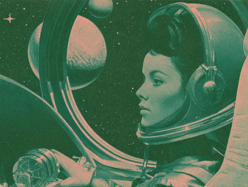 Profile of a woman in a futuristic helmet floating in outer space near planets