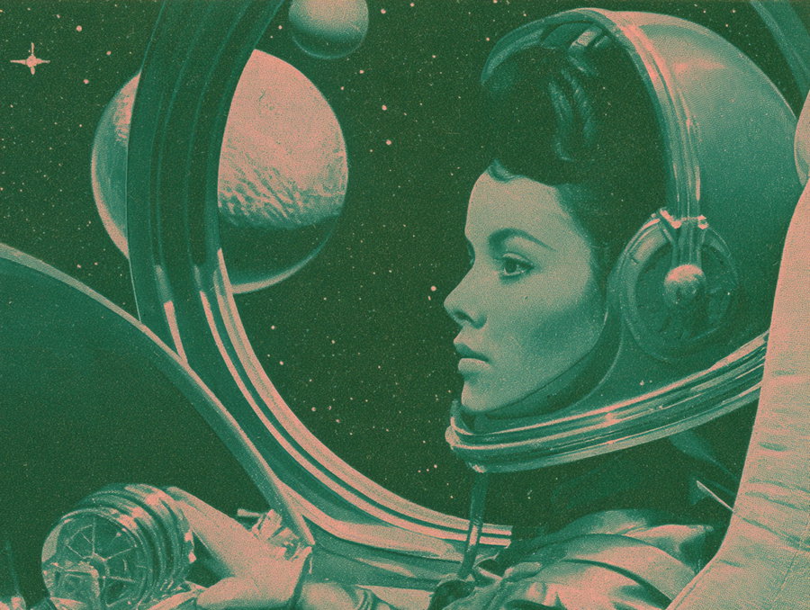 A detailed depiction of a woman in a futuristic space helmet and suit, looking out into space with planets and stars visible in the background.