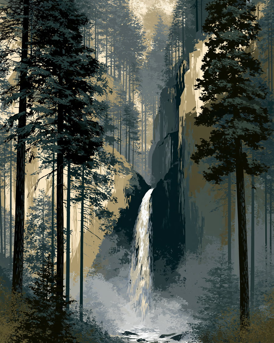 Tall trees surrounding a waterfall cascading down a rocky cliff into a misty forest floor
