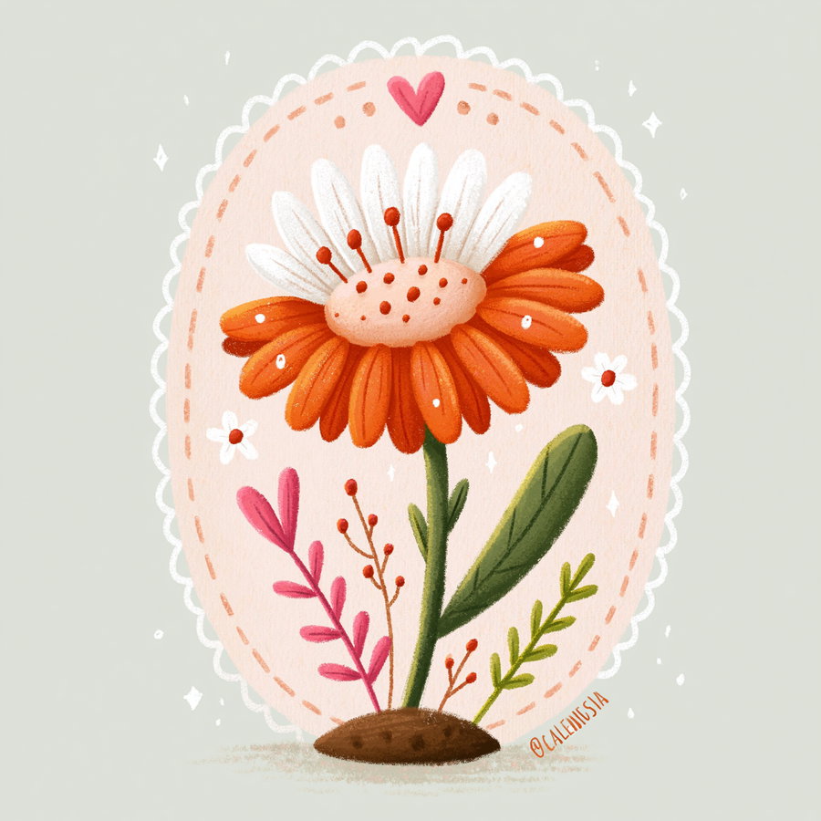 Illustration of a flower with orange and white petals, green stem and leaves, and pink and green smaller plants around it, framed by an oval pink decorative border with a heart on top