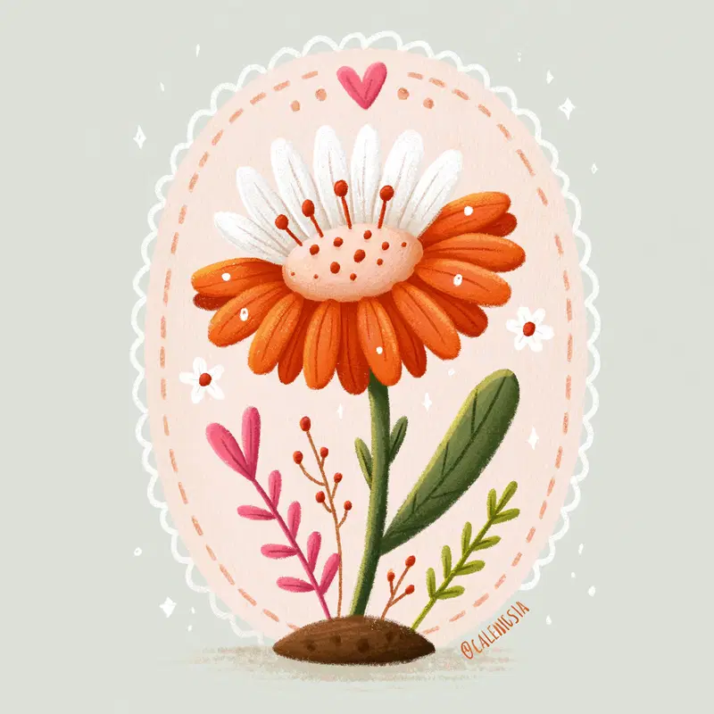 Digital illustration of a colorful blooming flower with decorative leaves