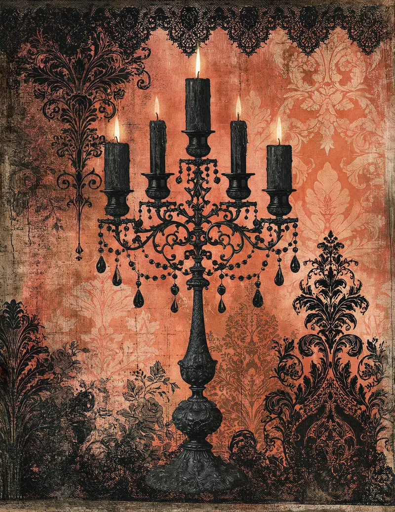 Antique black candelabra with lit candles against decorative dark patterned backdrop