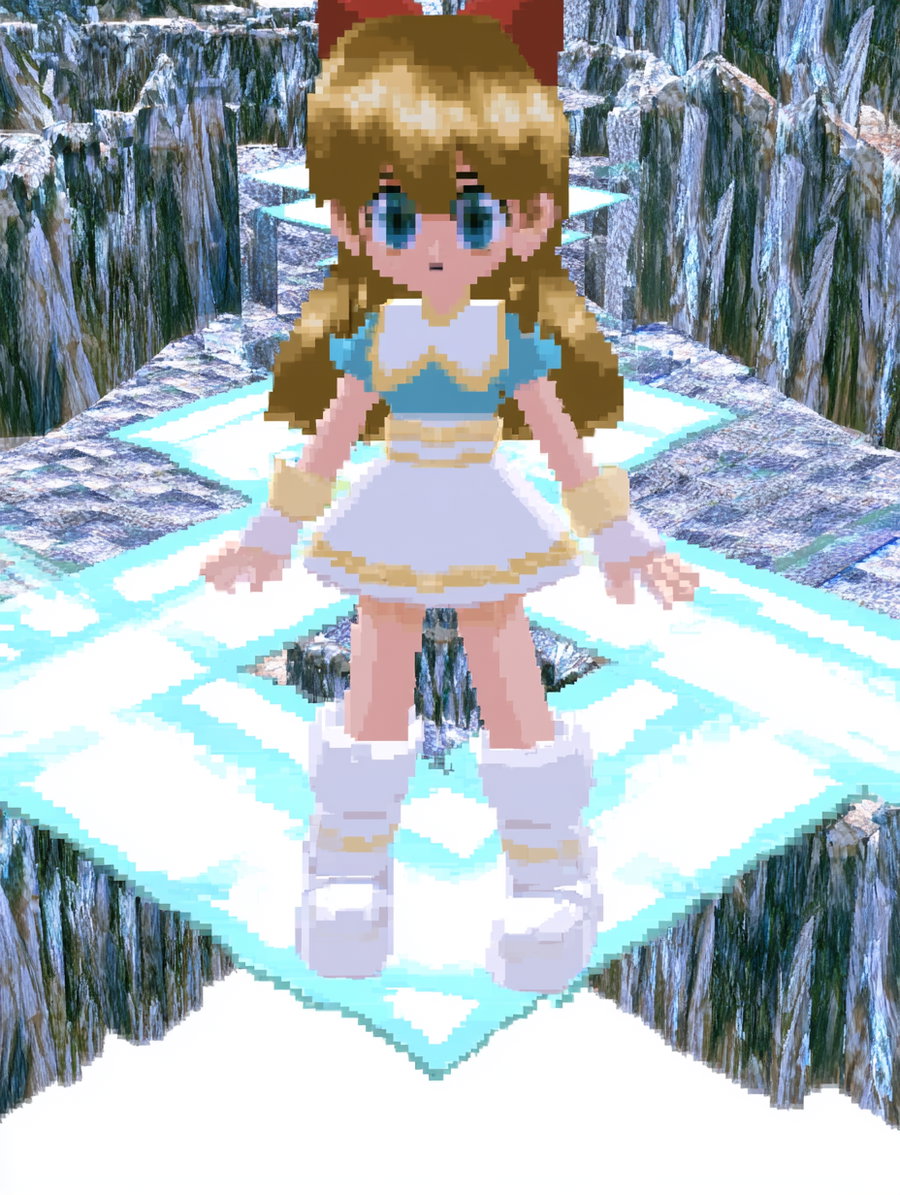 A pixelated anime-style girl with blonde hair, blue eyes, and a blue and white dress is standing on a glowing light blue platform surrounded by a rocky, cliff-like fantasy environment with a white void below.