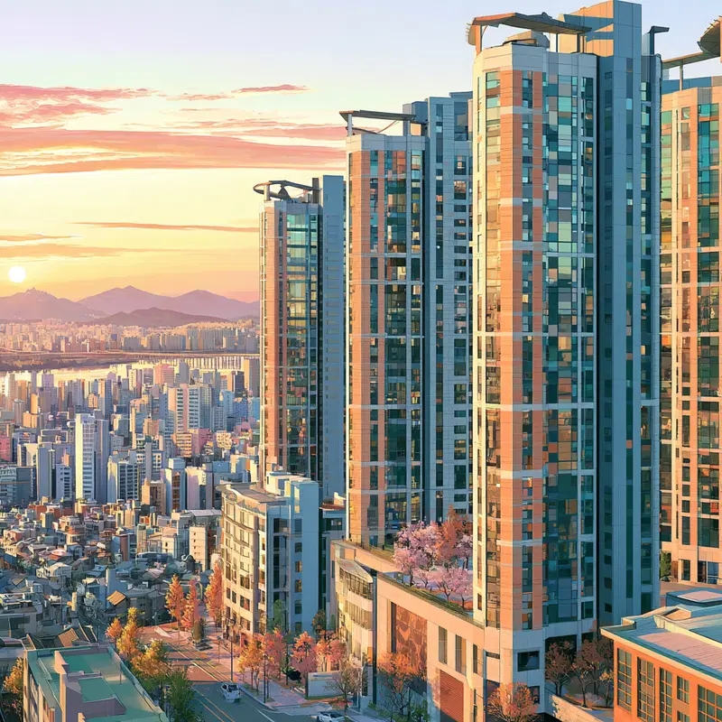 Sunset view of modern tall residential buildings with autumn trees in the city