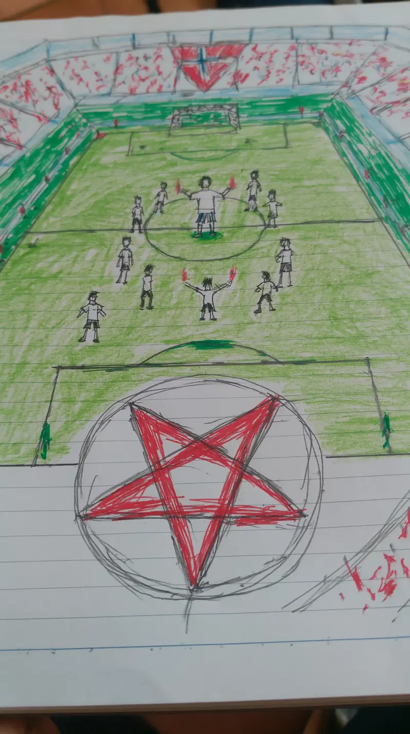 Hand-drawn fantasy soccer game scene with players casting fire spells on the field