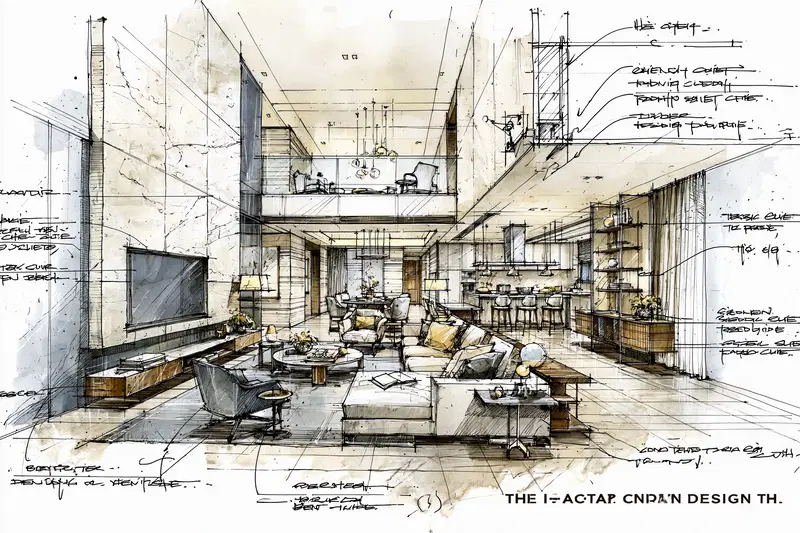 Detailed architectural sketch of a modern luxury living room and kitchen interior