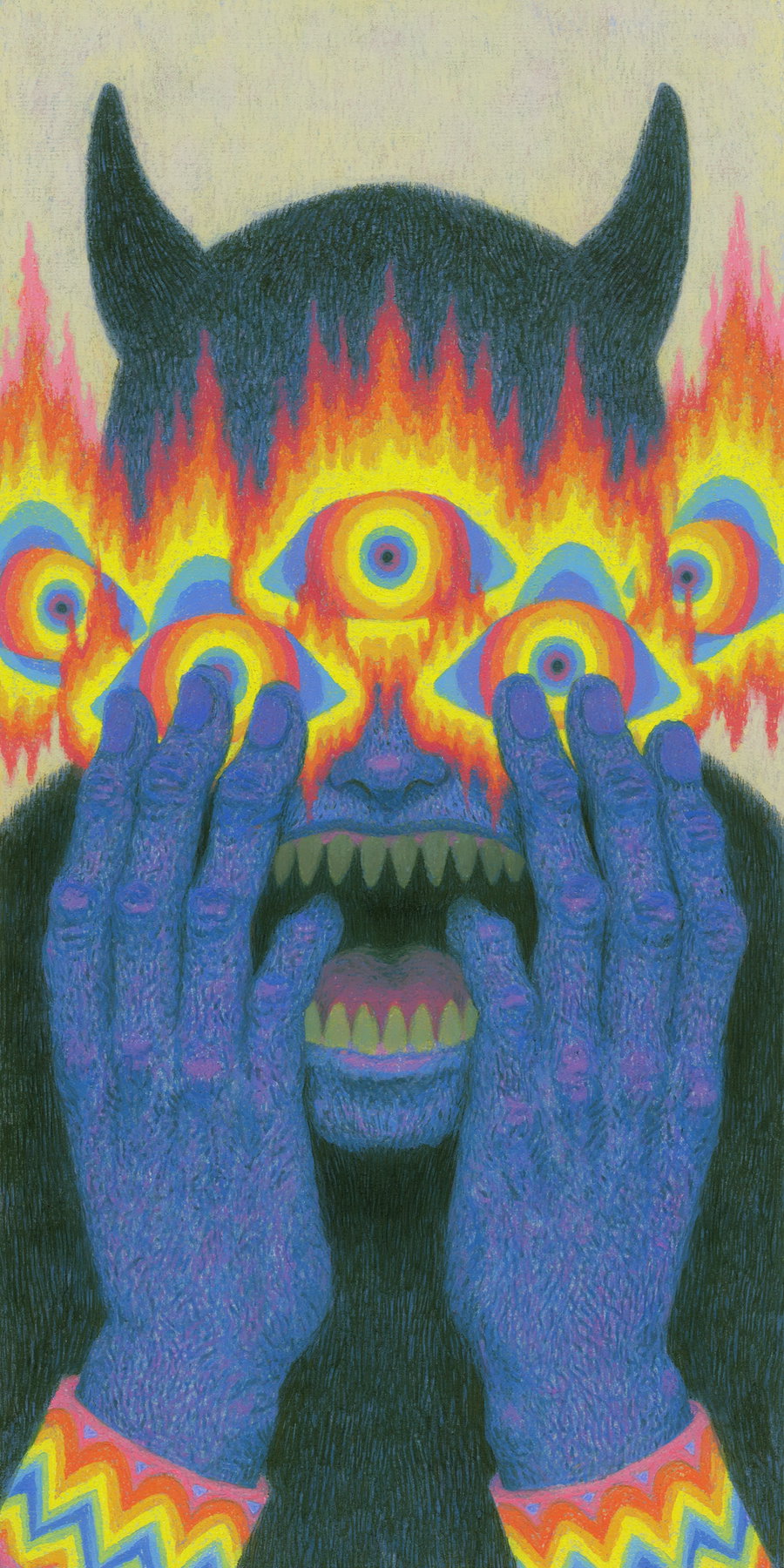 A dark blue humanoid figure with textured skin and sharp teeth holding its face, with large flaming eyes featuring rainbow-colored irises and red flames, and black horns protruding from its head.