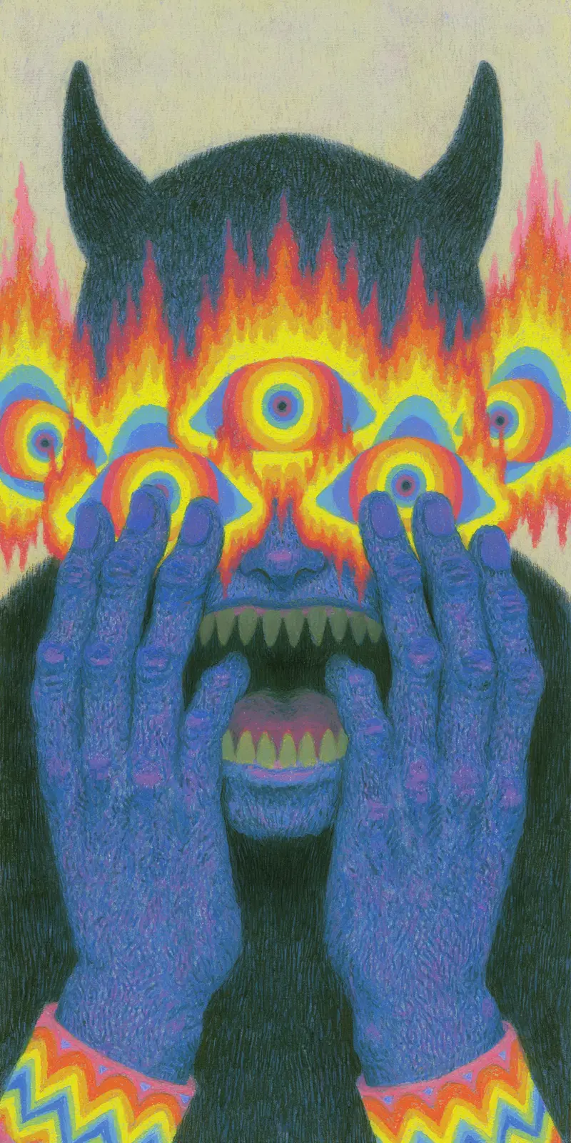Surreal dark fantasy character with flaming multicolored eyes and a horned head