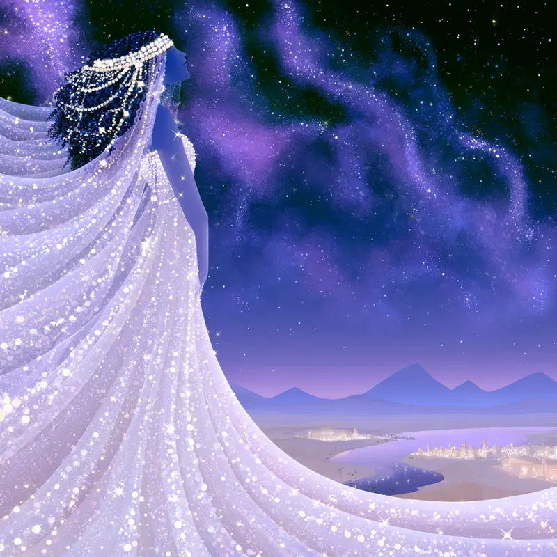 Ethereal woman draped in sparkling gown under starry night sky with distant city lights