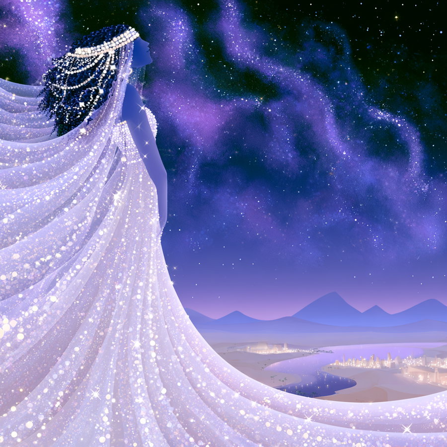 A mystical woman with blue-purple skin wears a glimmering white gown adorned with lights, with long flowing hair decorated with pearls. She looks upwards under a swirling purple and blue star-filled night sky. Below, a luminous city by a winding river is visible with mountaintops in the background.