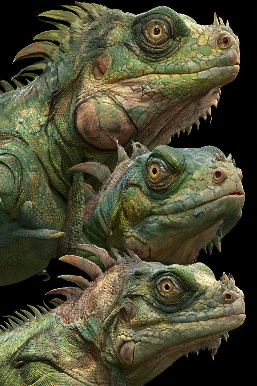 Three realistic green iguana heads shown in close-up profile view against a black background, featuring detailed scales, eyes, and spiky crests
