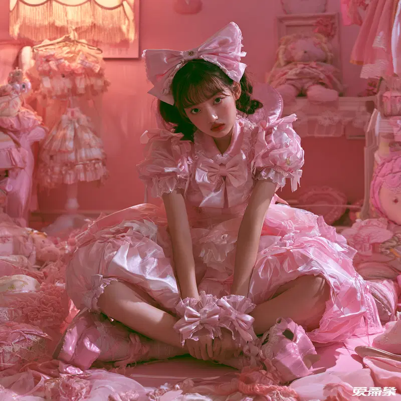 Young woman dressed in elaborate pink fantasy fashion sitting in a pink room