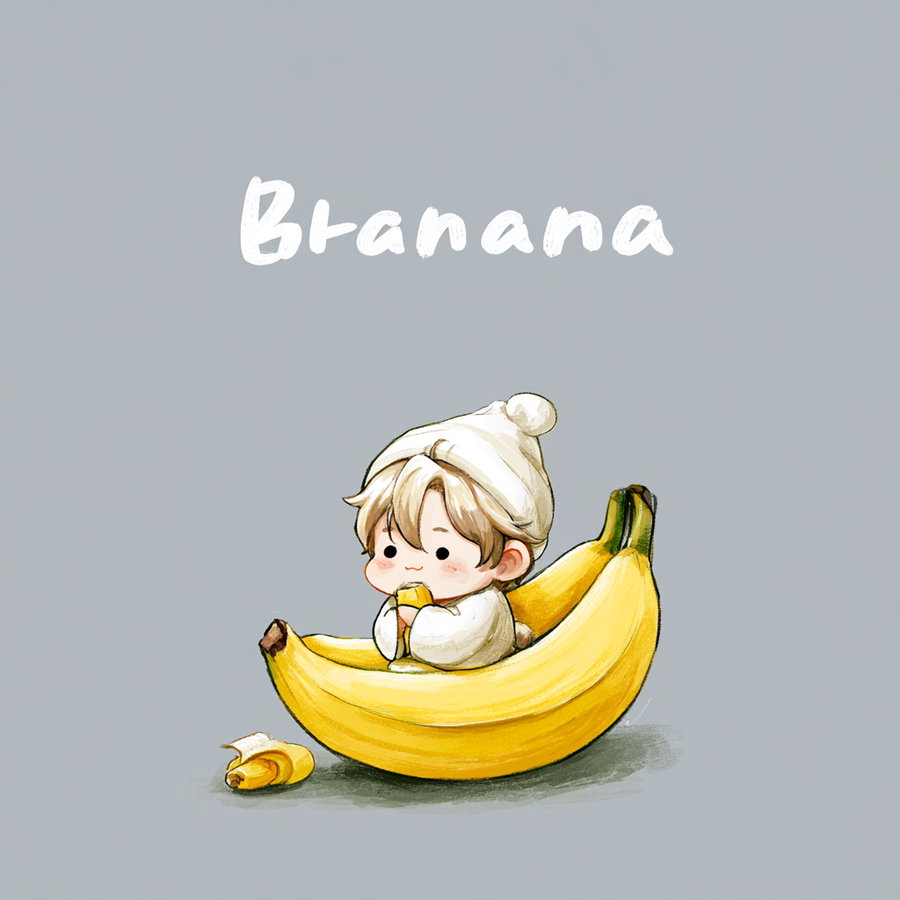 Illustration of a small chibi-style character with light brown hair wearing a white hat and outfit, sitting inside a large yellow banana while eating a piece of banana, against a plain gray background with the word Banana written above.