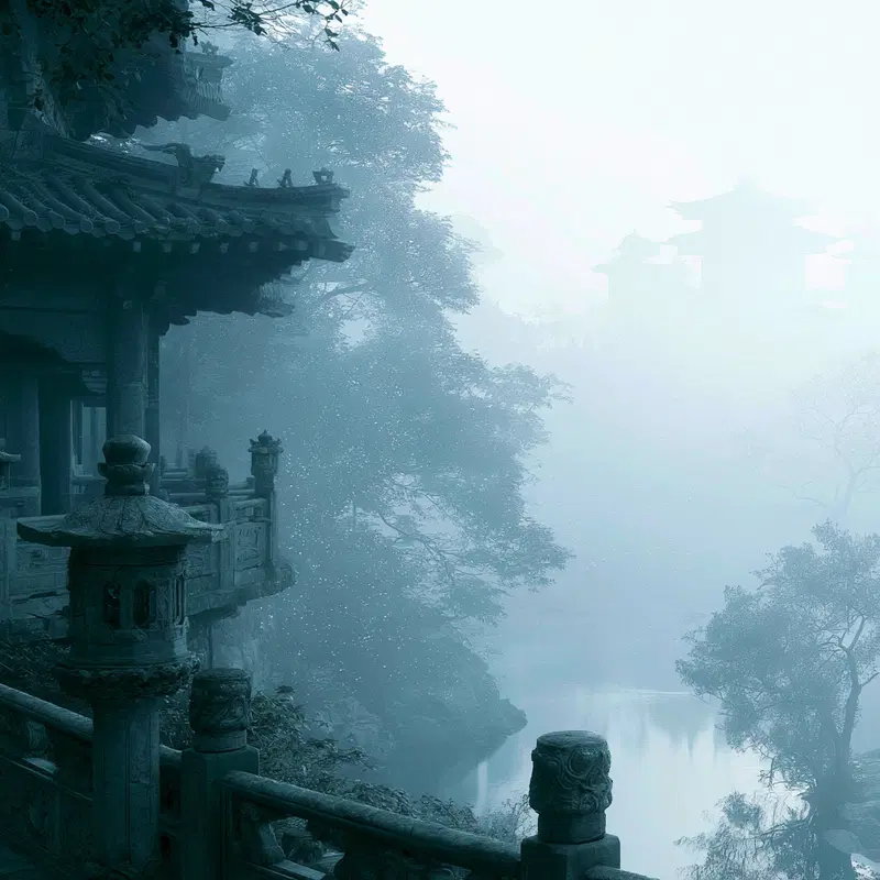 Misty ancient architectural structures overlooking a serene water body
