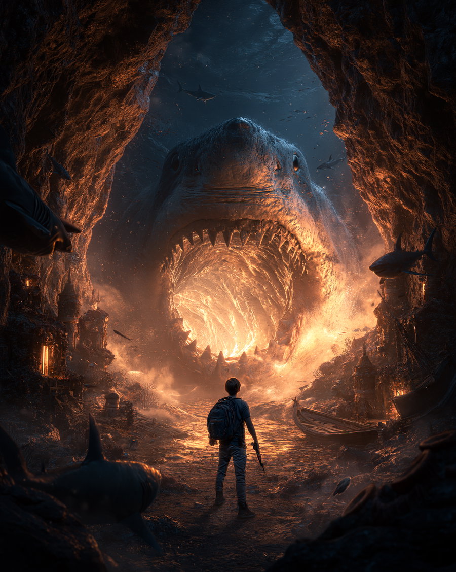 A person with a backpack stands at the entrance of a cave illuminated by fiery light, facing a gigantic shark with its mouth wide open, surrounded by smaller sharks and underwater elements.