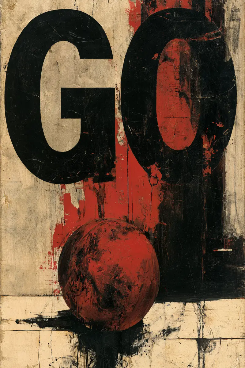 Dark aesthetic abstract painting with bold text and textured red sphere