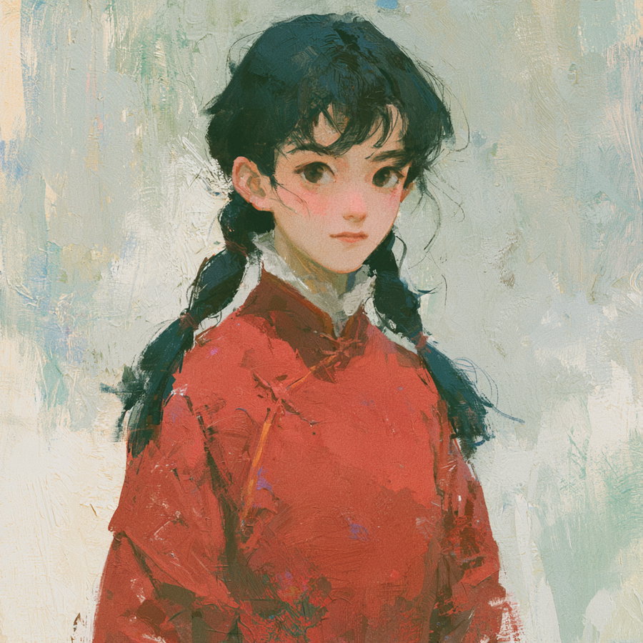 An artistic painting of a young woman with black braided hair wearing a red high-collar traditional outfit, set against a textured light background