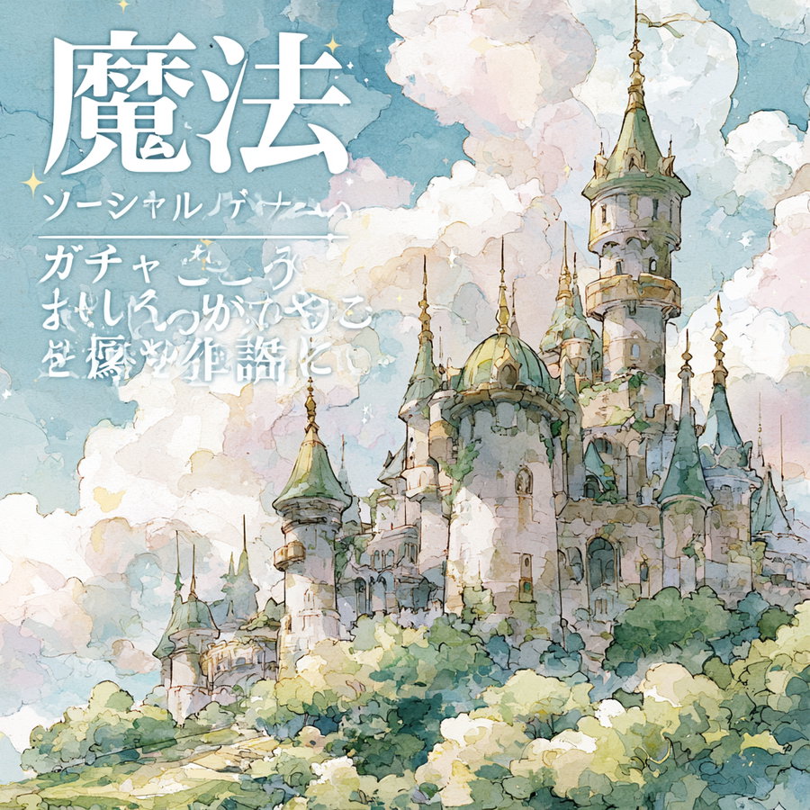 A detailed watercolor painting of a large fantasy castle with multiple towers and spires, surrounded by lush green trees under a partly cloudy sky. Japanese text with the word magic (魔法) is overlaid on the left side.
