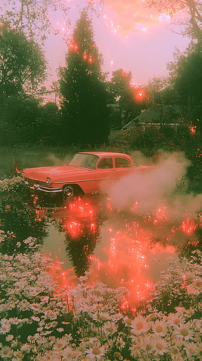 A vintage red car surrounded by daisies and mystical glowing fog in a garden