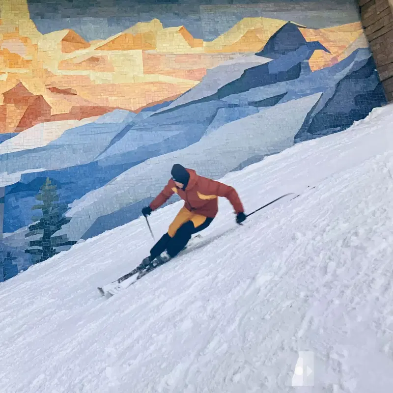 Skier in action descending a snowy slope indoors with mural background