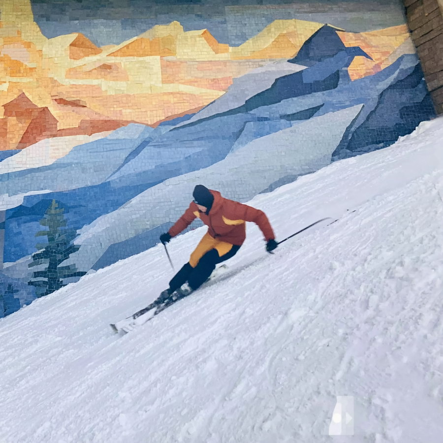A person wearing a red jacket and yellow pants skiing down a snowy slope inside a building with a large colorful mural of mountains on the wall behind