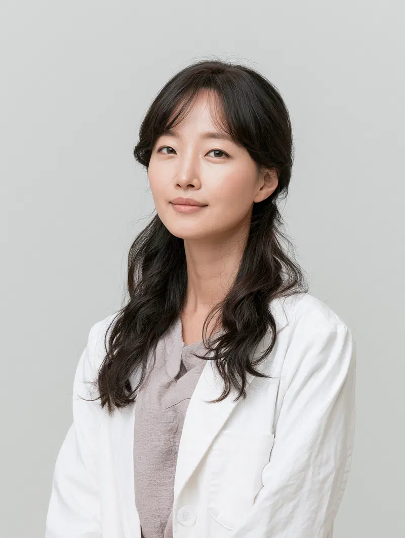Portrait of a serene young woman with long dark hair wearing white coat
