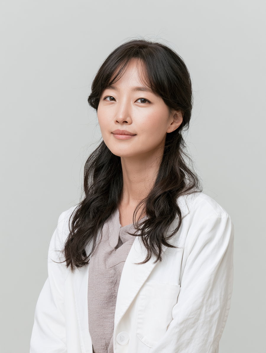 A young woman with long dark hair wearing a white coat and light gray top posing against a plain light gray background