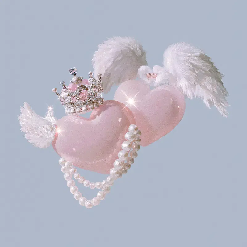 Whimsical pink hearts with wings, a crown, and pearl chains floating