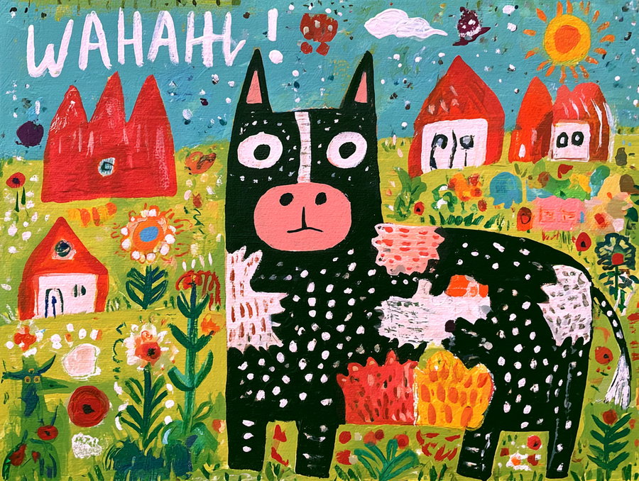 A brightly colored painting featuring a large black and white spotted cow with a pink nose standing in a green field. The background includes stylized red-roofed houses, flowers, a sun, a blue sky with scattered clouds, and abstract shapes. The word WAHHH! is painted in white at the top left.