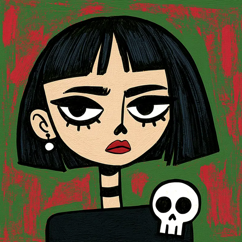 Stylized portrait of a woman with gothic makeup and a skull accessory
