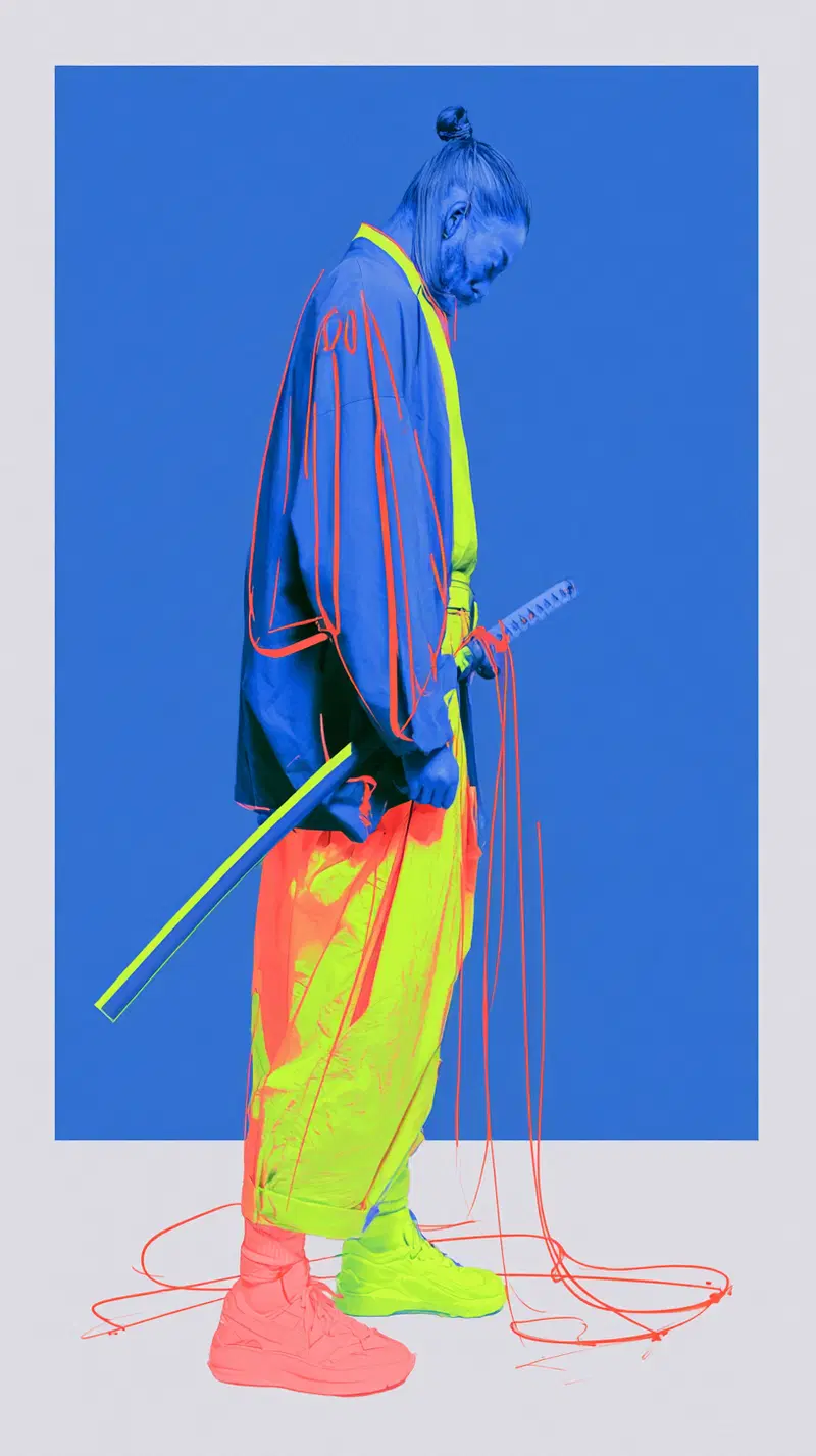Vibrant modern samurai fashion with neon and digital art style