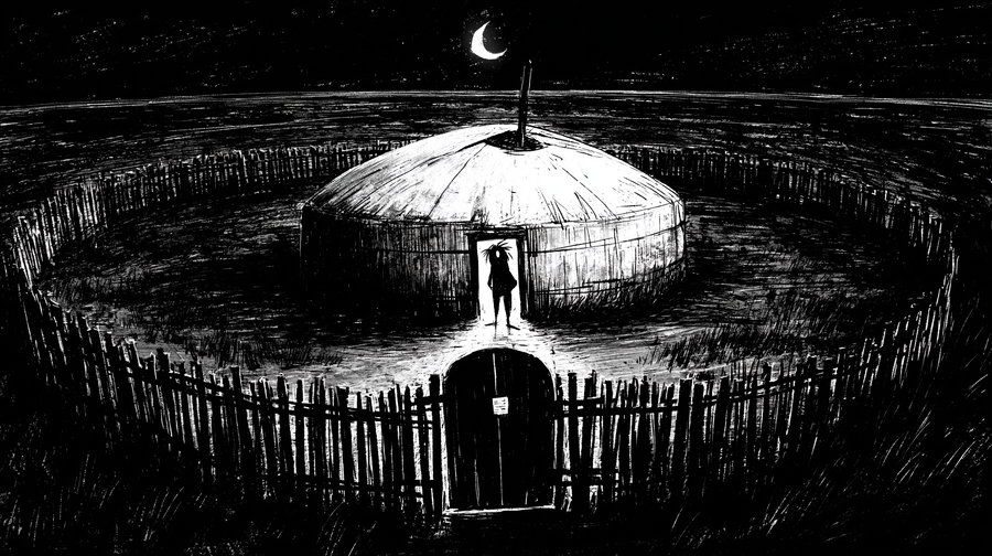 Black and white drawing of a round hut with a wooden fence around it, a silhouette figure stands in the open doorway, and a crescent moon is visible in the night sky
