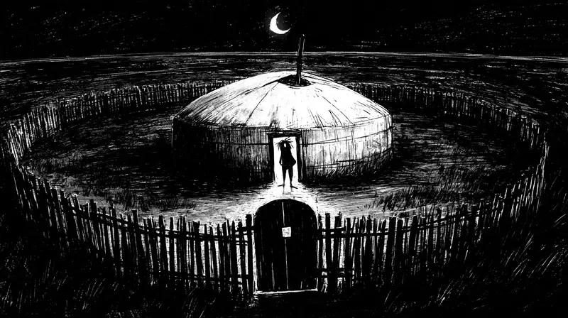 Silhouette of a figure standing at the entrance of a round hut under a crescent moon