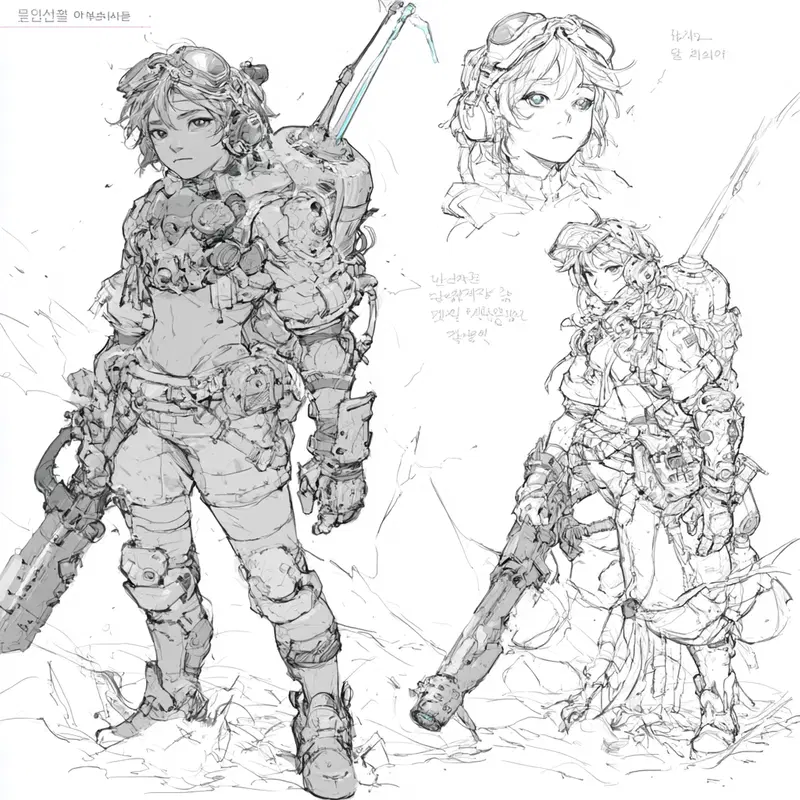 Detailed character sketches of a futuristic soldier with advanced gear and weaponry