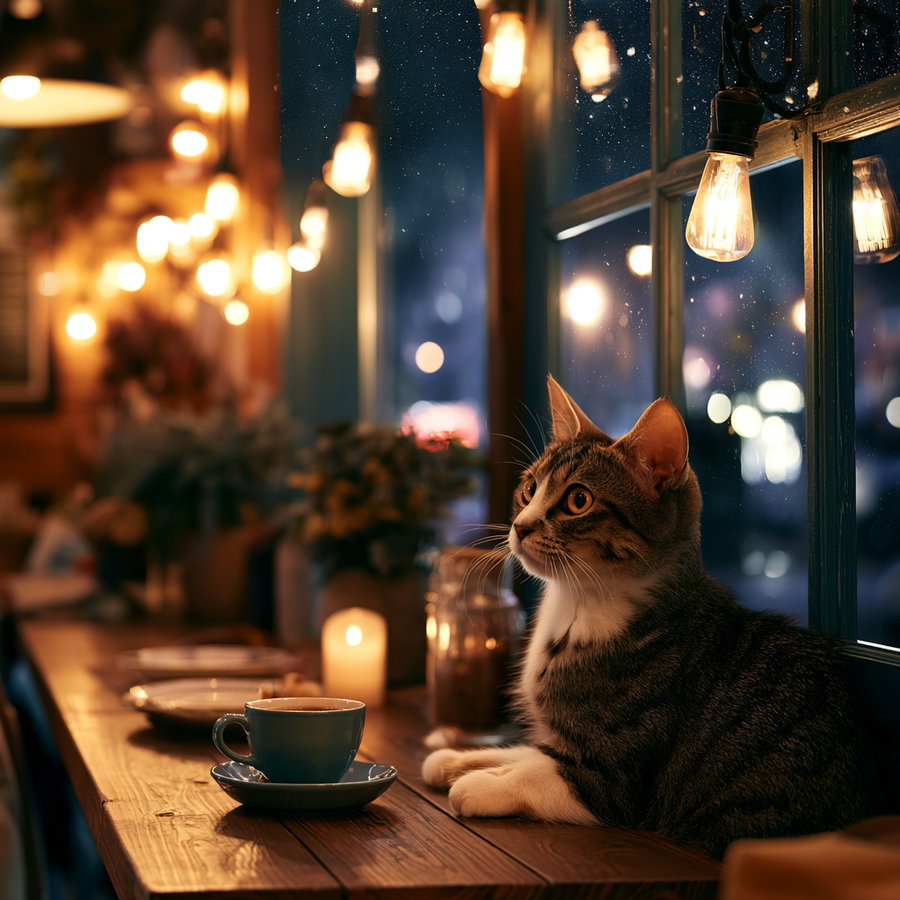 A tabby cat with white paws and chest lying on a wooden table near a window with hanging light bulbs and a cup of coffee on a saucer. The background shows blurred lights and cozy cafe decor including a candle and potted plants.