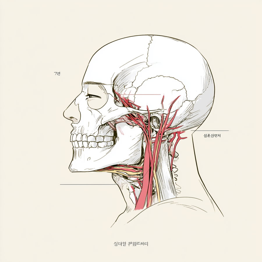 A detailed anatomical drawing of a human skull in profile with red arteries and veins shown in the neck and head area, with some Korean text annotations