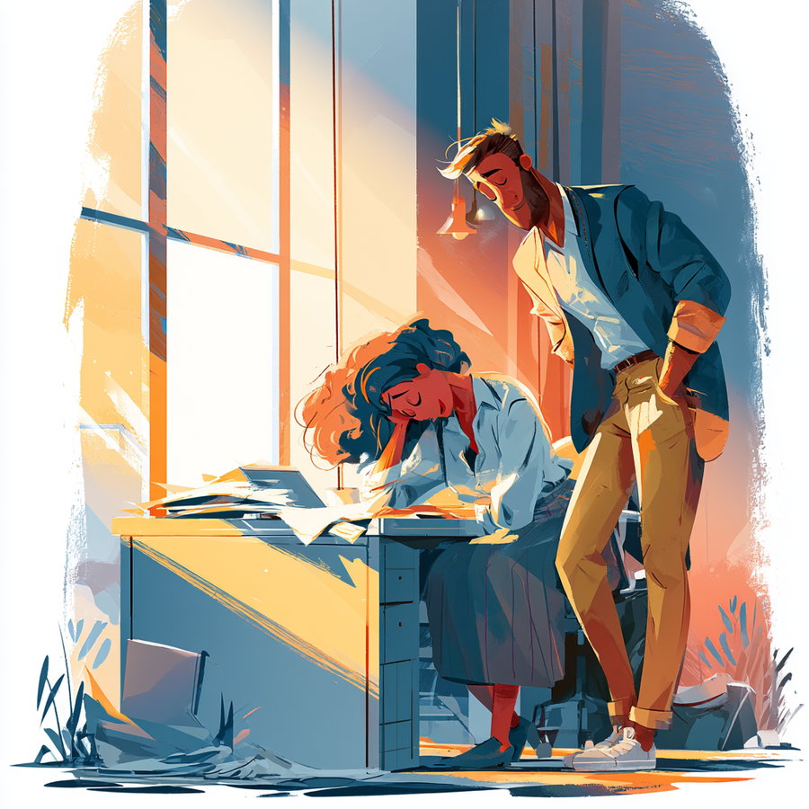 A woman sitting at a desk leaning her head on her arm with papers scattered around, and a man standing nearby with his hands in his pockets, both in a room illuminated by warm sunlight through large windows.