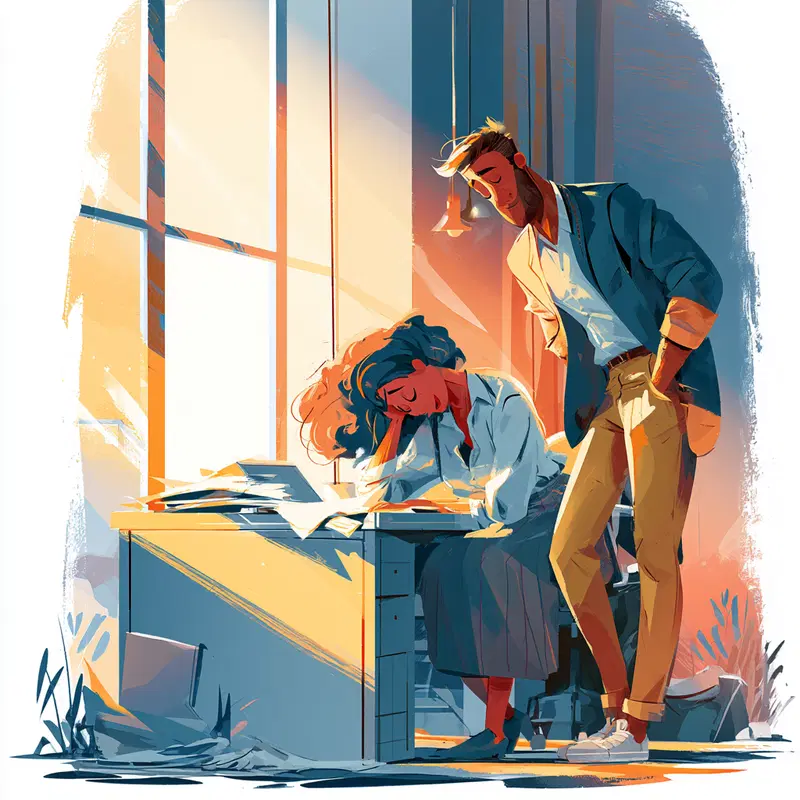Illustration of a man and a woman in an office with warm sunlight streaming