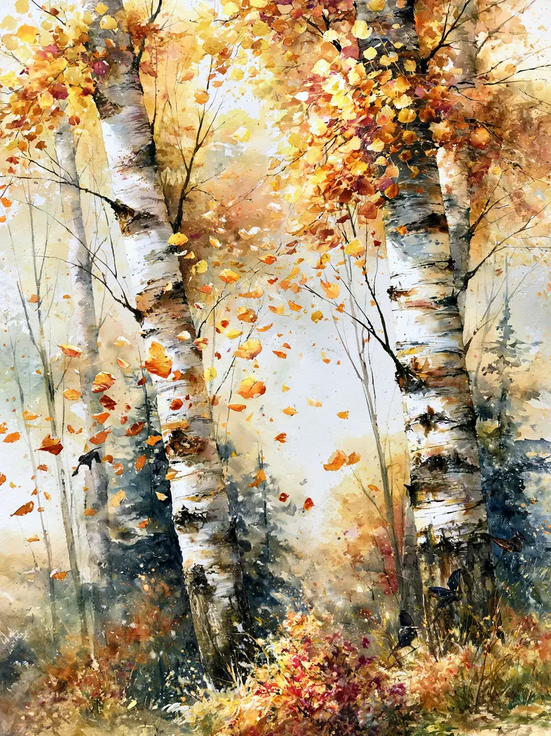 Watercolor painting of a birch forest in autumn with falling leaves