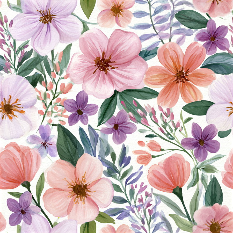 A seamless floral pattern with large pink, peach, and purple flowers interspersed with green leaves and small buds on a white background