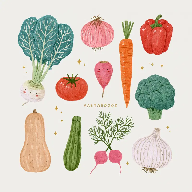 Cute watercolor illustration of various fresh vegetables with smiling faces