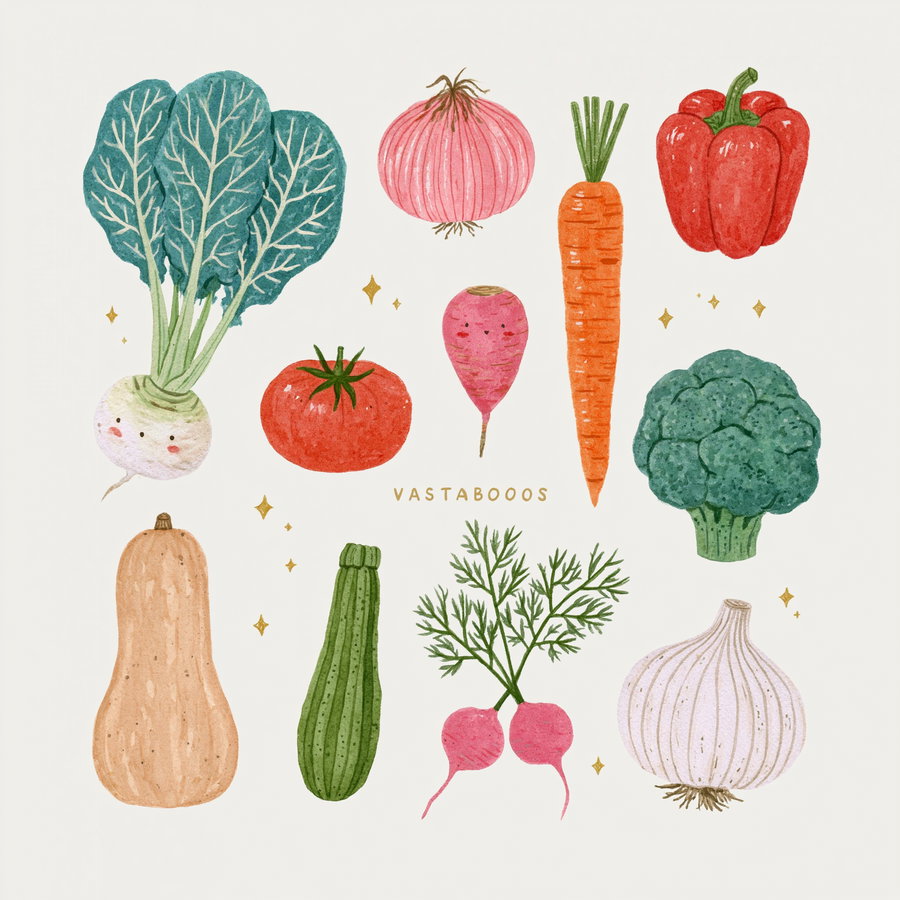 Watercolor painting featuring a variety of fresh vegetables including leafy greens, onion, carrot, red bell pepper, tomato, broccoli, squash, zucchini, radishes, and garlic, some with cute smiling faces and small golden sparkles around them.