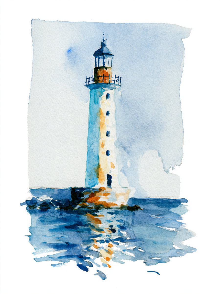 A watercolor painting depicting a tall lighthouse standing on a rocky shore surrounded by blue ocean water, with its reflection visible in the water and a light blue sky background.